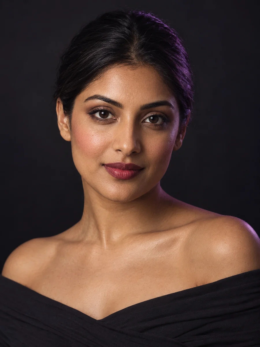 Original beauty campaign portrait with berry lipstick and softly illuminated natural skin